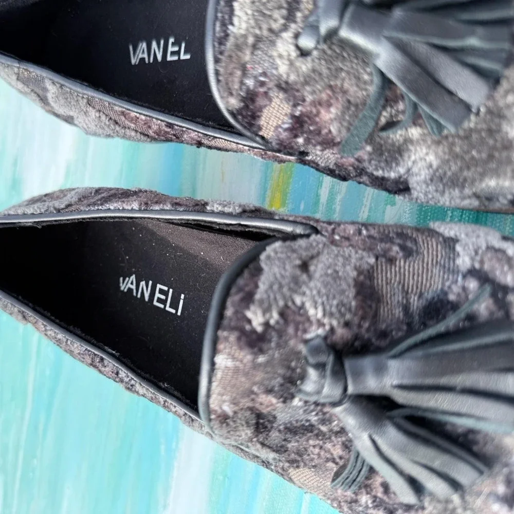 Vaneli purple and grey textured velvet tapestry loafers with black tassels